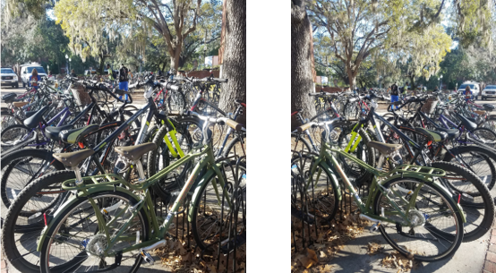 This image displays one of the photos used in our implicit bias study along with the edited image. The image shows a row of bicycles. The edited version has added an additional seat to one of the bikes.