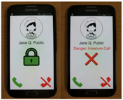 Screenshot of the old AuthentiCall app that used a lock symbol and x mark to communicate safe and unsafe calls respectively.