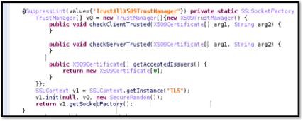 Screenshot highlights an error in code where a mobile money app trusts all certificates