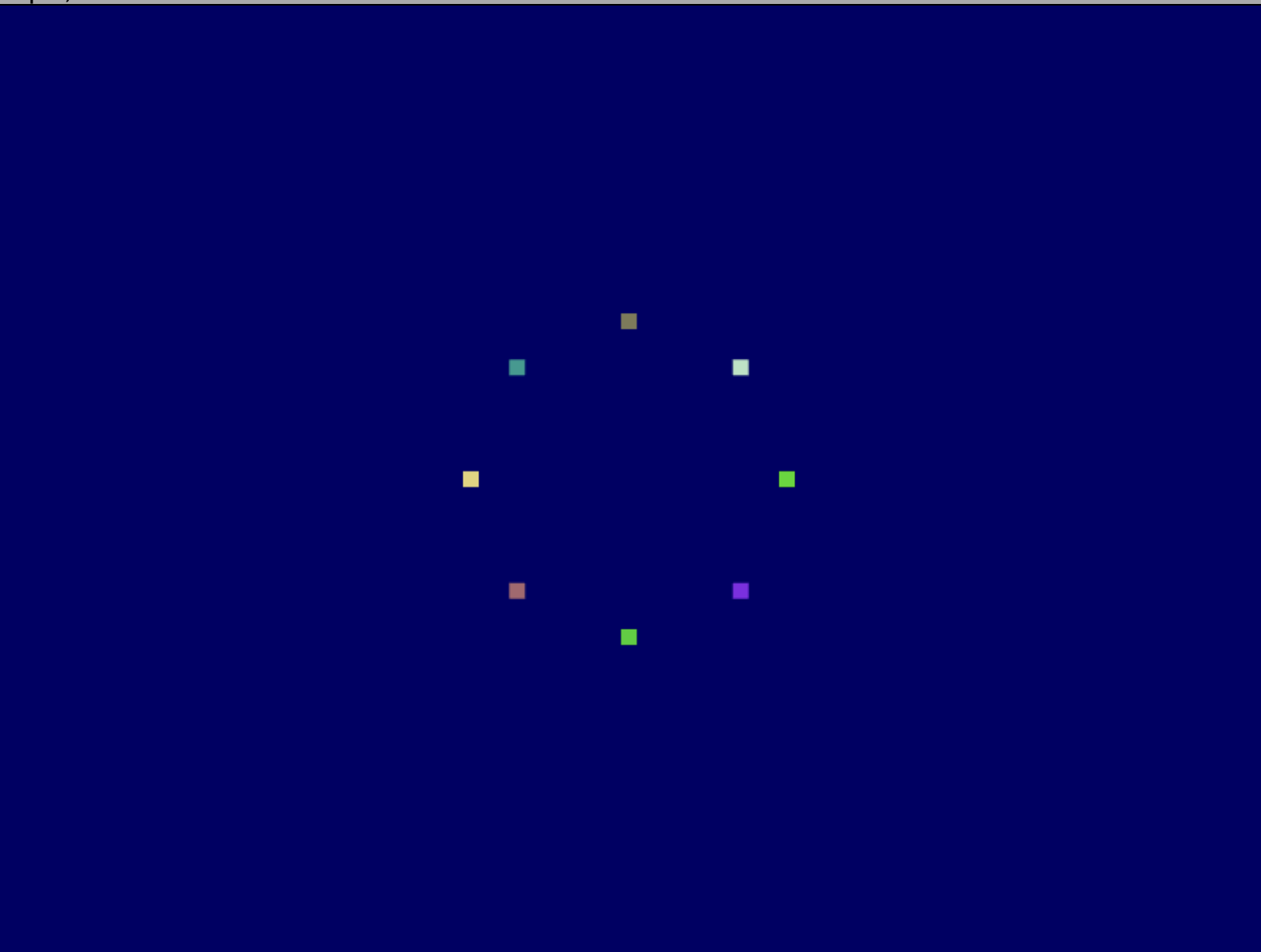 Computer graphics window with a dark blue background and eight differently colored square points arranged approximately uniformly around a circle.