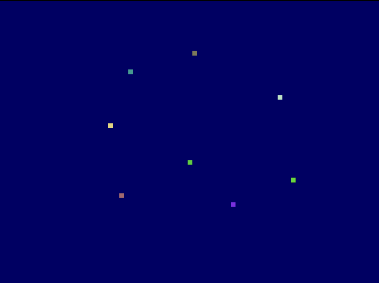 Computer graphics window with a dark blue background and eight differently colored square points spread farther apart, illustrating a changed point arrangement.
