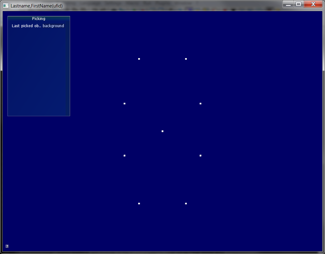 Computer graphics window showing ten intended control points arranged to form a figure-eight shape on a dark blue background. Several points overlap at the center, so only nine distinct points are visible.