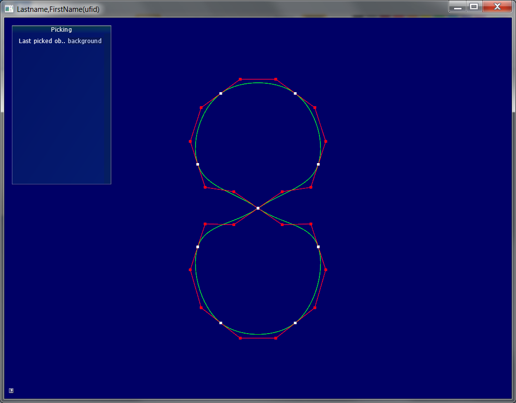 Computer graphics window showing smooth green curves and red control polygons for a figure-eight-shaped configuration. White points mark selected or original points.