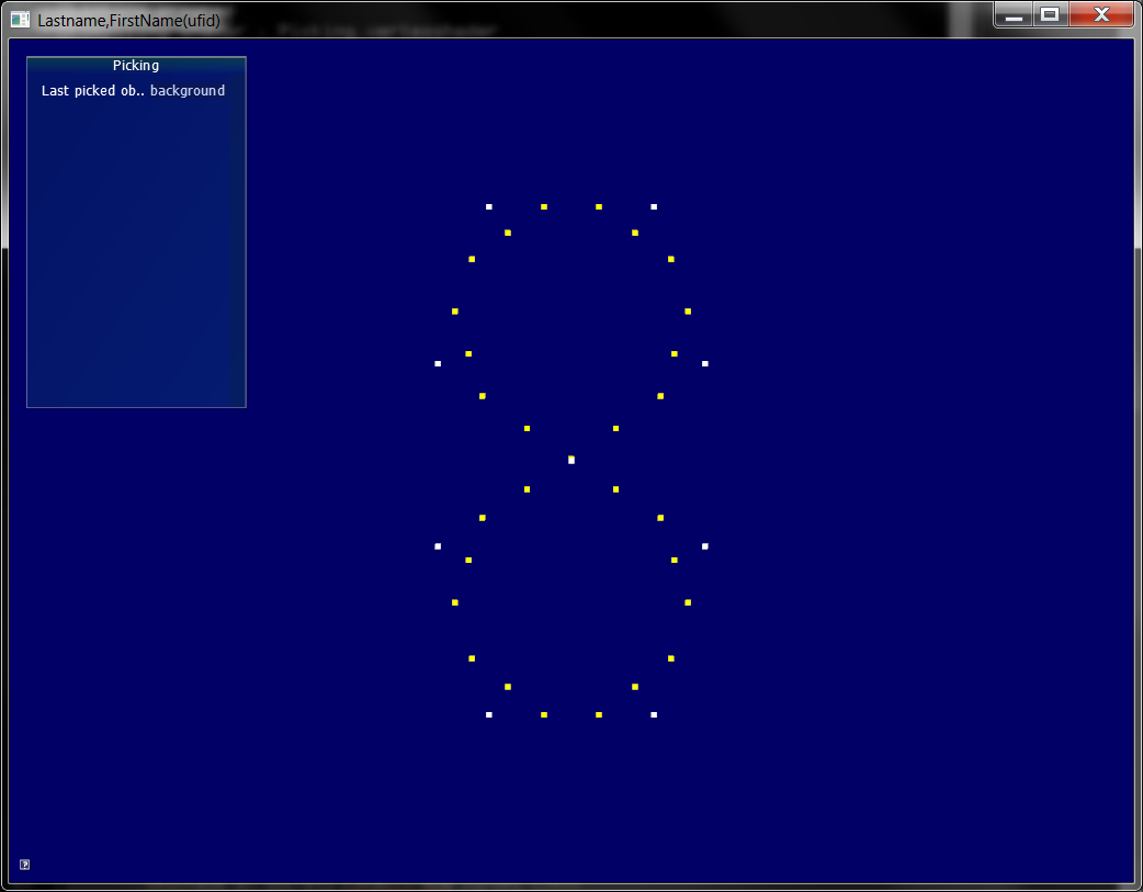 Computer graphics window showing the control-point configuration and intermediate points for cubic Bézier curves. Small yellow and white points are arranged in a figure-eight pattern on a dark blue background.