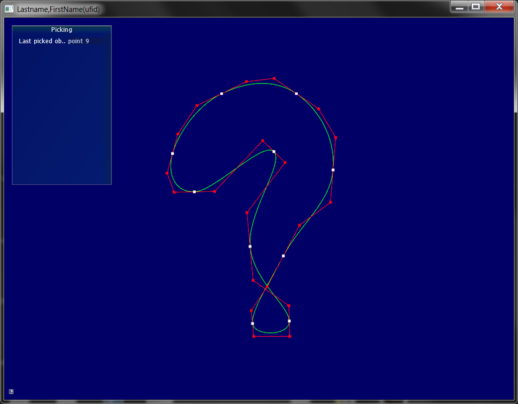 Computer graphics window showing a figure-eight arrangement of small white control points on a dark blue background, illustrating the picking interface.