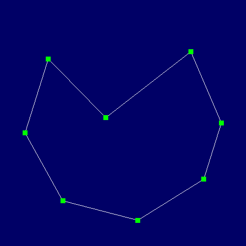 Computer graphics demonstration showing a curve and control points in a dark blue window. A selected yellow control point is connected to nearby green control points; red marks appear along the curve.