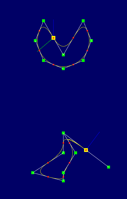 Two-view computer graphics display on a dark blue background. The upper view shows a figure-eight-like curve with control points; the lower view shows a side projection of the same curve and its control polygon.