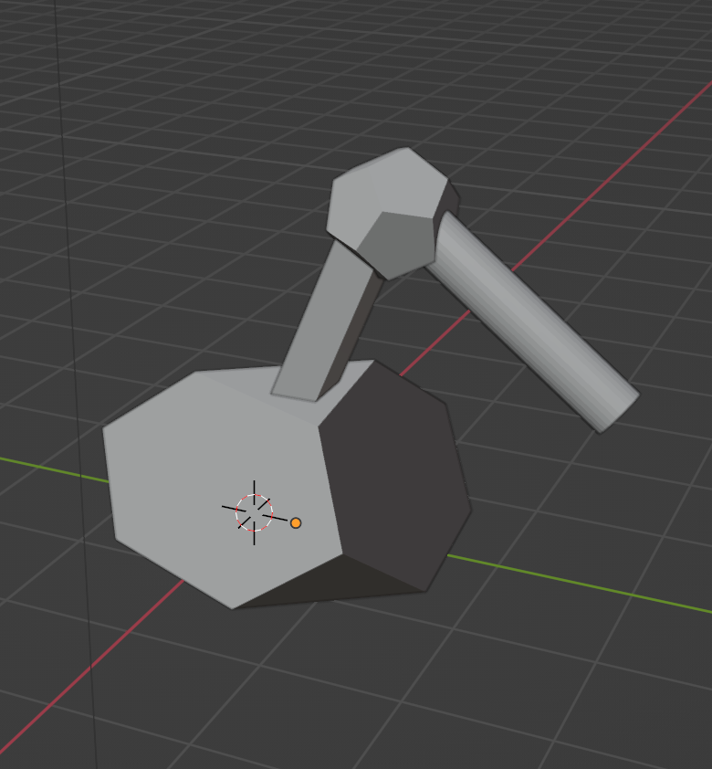Three-dimensional robot-arm model in a Blender viewport. A large polygonal base supports a rectangular first arm, a polygonal joint, and a cylindrical second arm.