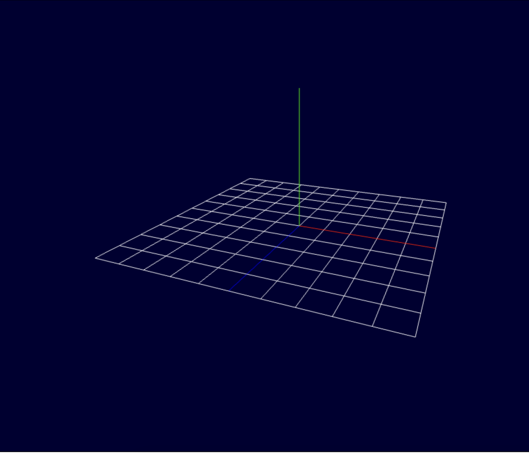 Perspective view of an integer grid on the horizontal Y equals zero plane. The grid is centered at the origin, with the positive X axis shown in red, the positive Y axis shown vertically in green, and the positive Z axis shown in blue.