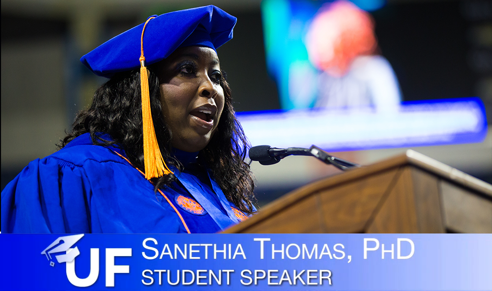 Sanethia Thomas speaks during the college recognition ceremony