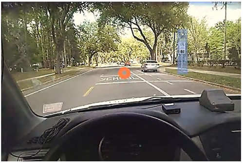 Eye-tracking technology shows the driver looking at the road instead of the school zone beacon.
