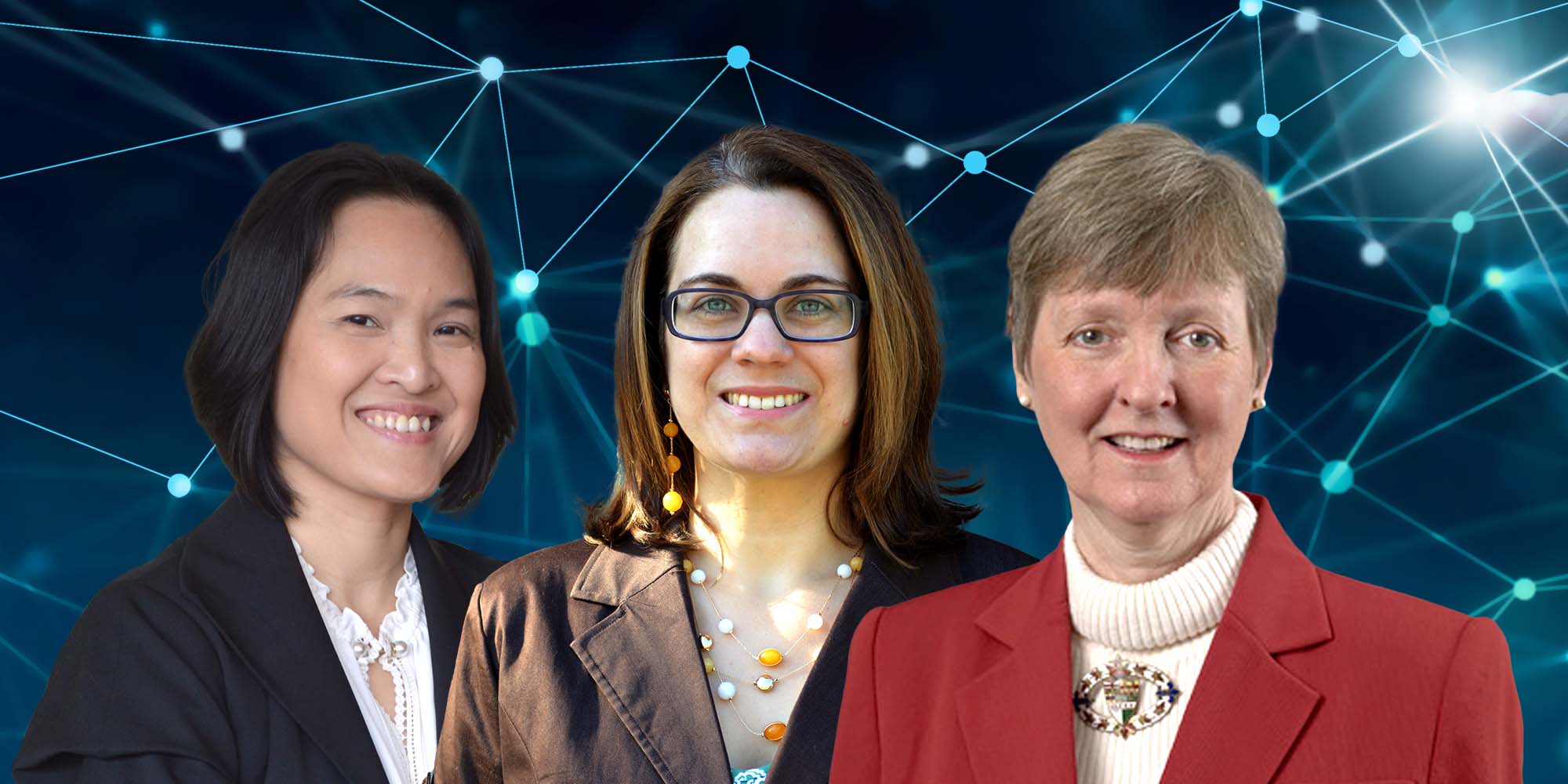 L-R: My Thai, Ph.D., professor in CISE and associate director of the Nelms Institute for the Connected World ; Lisa Anthony, Ph.D., associate professor and director of Intelligent Natural Interaction Technology in CISE; Barbara Evans, Ph.D., J.D., holds a dual appointment as a professor in both the Levin College of Law and the Herbert Wertheim College of Engineering