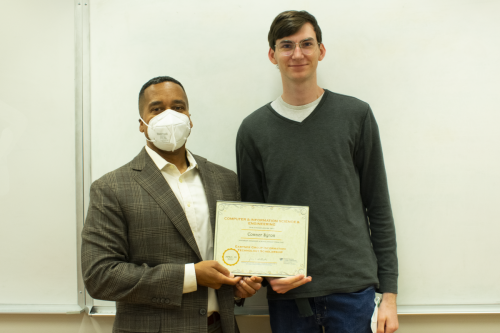 Juan E. Gilbert, Ph.D., CISE department chair, with Connor Syron, a recipient of the Gartner Group Information Technology Scholarship.