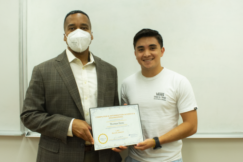 Juan E. Gilbert, Ph.D., CISE department chair, with Thomas Pena, a recipient of the LAC Scholarship.  