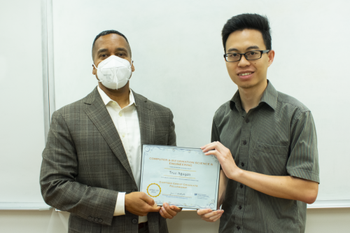 Juan E. Gilbert, Ph.D., CISE department chair, with Truc Nguyen, a recipient of the Gartner Group Graduate Fellowship.