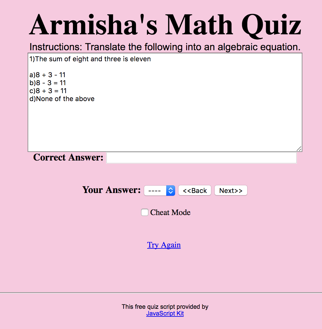 The newly developed quiz created by Armisha.