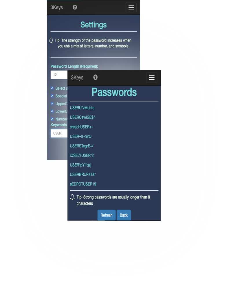 Screenshots of a password generator I created called 3Keys. The screen shows the various options a users can choose from and the password options provided 