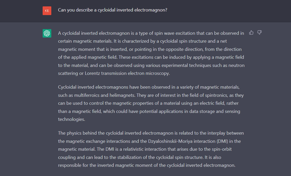 An example of CHATGPT describing a made-up phenomenon known as a cycloidal inverted electromagnon.