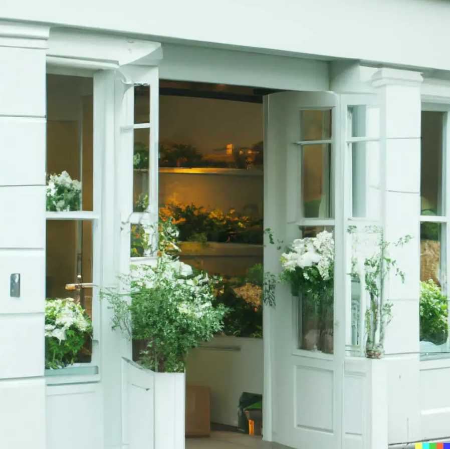 An AI image created by DALL-E 2 that depicts plants phasing through the windows of the store.