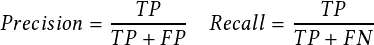                                                                                                       TP               TP
                                                                                         Precision = --------  Recall = --------
                                                                                                   TP    FP           TP   FN
